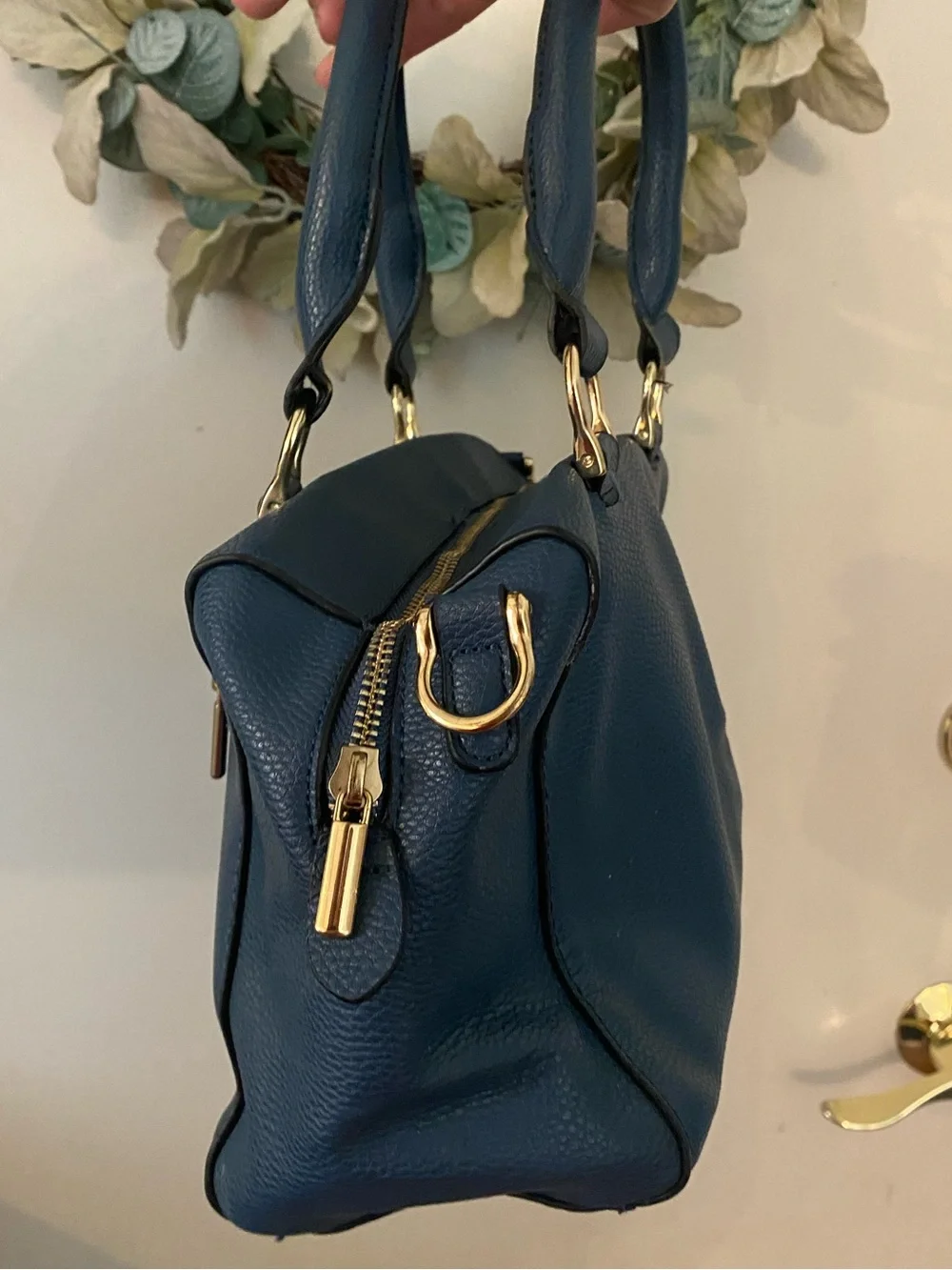 Classic Navy Faux Leather Hand Bag with Gold Hardware